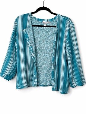 Chico’s Teal White Striped Open Front 3/4 Sleeve Open Cardigan Colorful Print